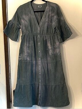 PACT ORGANIC COTTON THE COSTAL MIDI DRESS TIE DYE FULL FRONT BUTTON UP SMALL